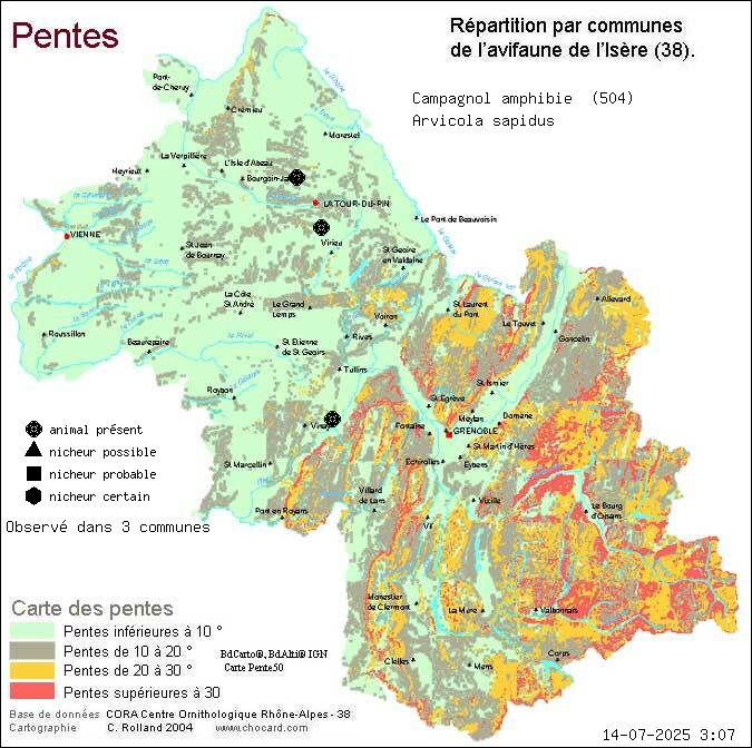 Campagnol amphibie (Arvicola sapidus): carte de rpartition en Isre