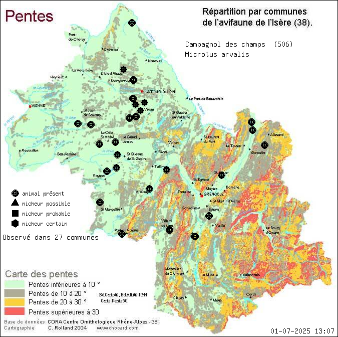 Campagnol des champs (Microtus arvalis): carte de rpartition en Isre