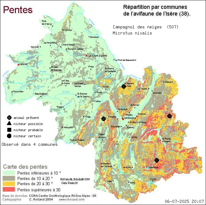 Carte de rpartition par communes en Isre d'une espce d'animal: Campagnol des neiges (Microtus nivalis) selon Pentes