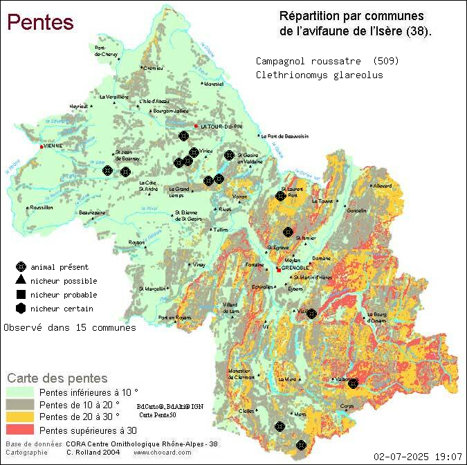 Carte de rpartition par communes en Isre d'une espce d'animal: Campagnol rousstre (Clethrionomys glareolus) selon Pentes