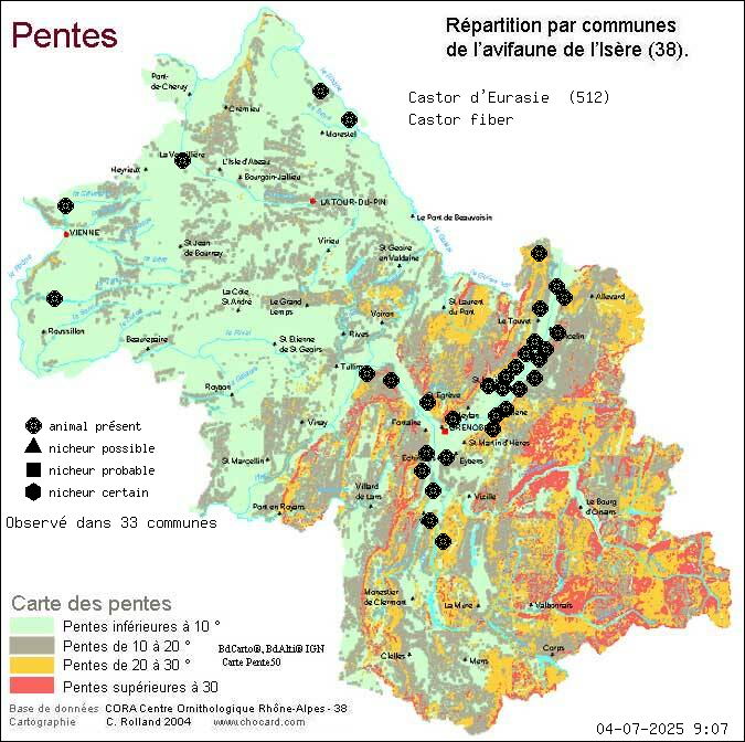 Carte de rpartition par communes en Isre d'une espce d'animal: Castor d Eurasie (Castor fiber) selon Pentes