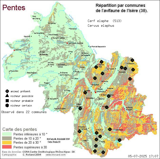 Carte de rpartition par communes en Isre d'une espce d'animal: Cerf laphe (Cervus elaphus) selon Pentes
