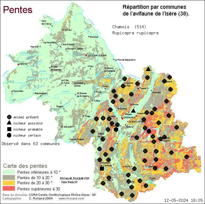 Carte de rpartition par communes en Isre d'une espce d'animal: Chamois (Rupicapra rupicapra) selon Pentes