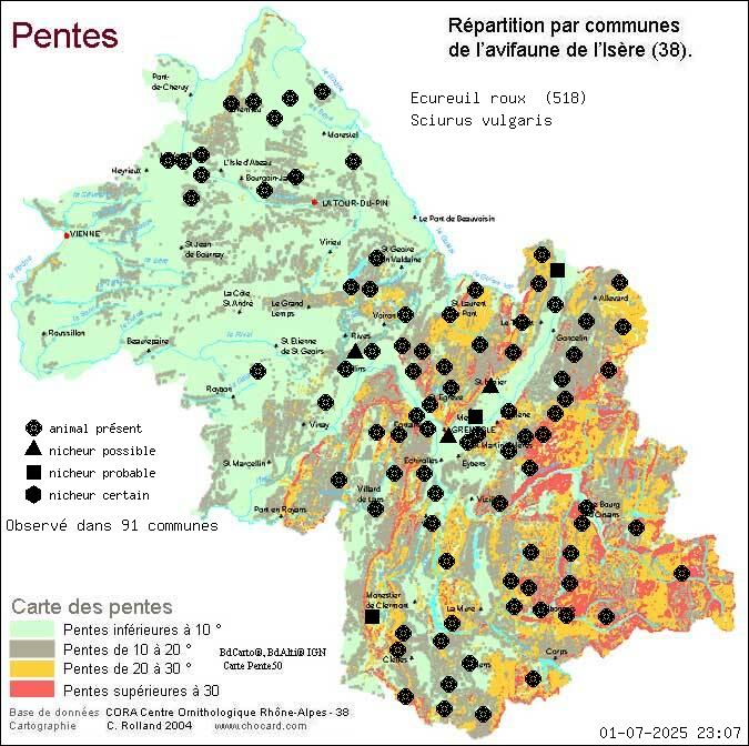 Carte de rpartition par communes en Isre d'une espce d'animal: Ecureuil roux (Sciurus vulgaris) selon Pentes