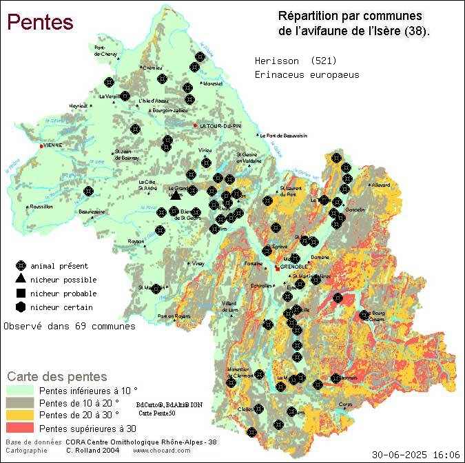 Carte de rpartition par communes en Isre d'une espce d'animal: Hrisson (Erinaceus europaeus) selon Pentes