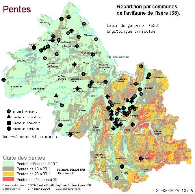 Carte de rpartition par communes en Isre d'une espce d'animal: Lapin de garenne (Oryctolagus cuniculus) selon Pentes