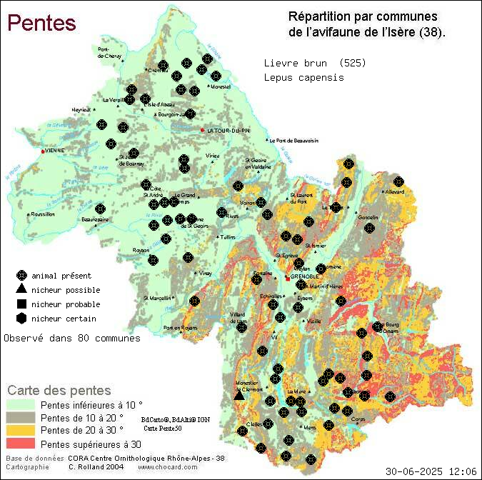 Carte de rpartition par communes en Isre d'une espce d'animal: Livre brun (Lepus capensis) selon Pentes