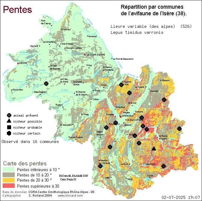 Carte de rpartition par communes en Isre d'une espce d'animal: Livre variable (des alpes) (Lepus timidus varronis) selon Pentes