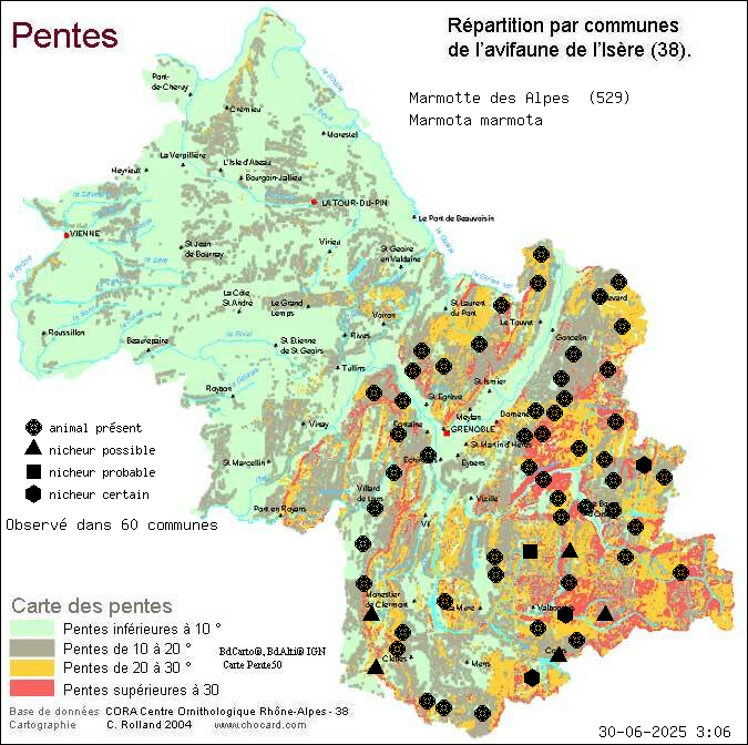 Carte de rpartition par communes en Isre d'une espce d'animal: Marmotte des Alpes (Marmota marmota) selon Pentes