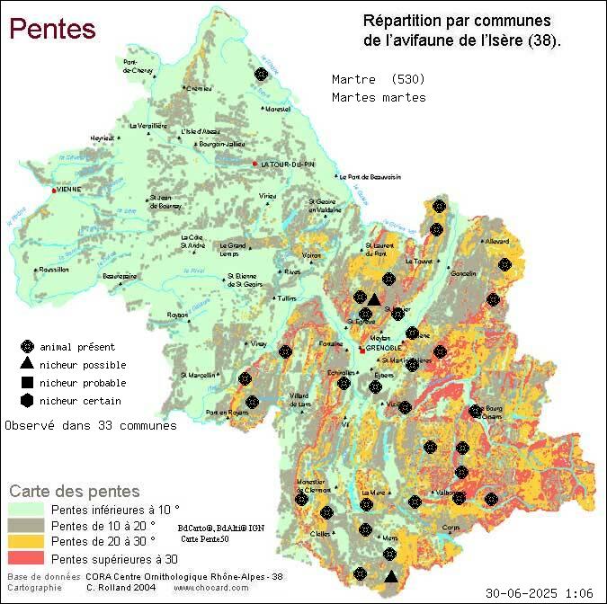 Carte de rpartition par communes en Isre d'une espce d'animal: Martre (Martes martes) selon Pentes