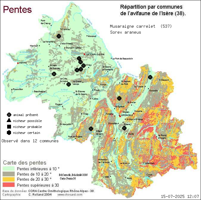 Carte de rpartition par communes en Isre d'une espce d'animal: Musaraigne carrelet (Sorex araneus) selon Pentes