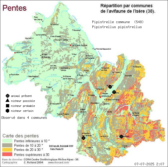 Carte de rpartition par communes en Isre d'une espce d'animal: Pipistrelle commune (Pipistrellus pipistrellus) selon Pentes