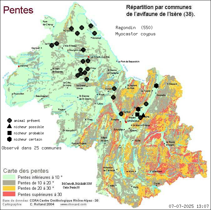 Ragondin (Myocastor coypus): carte de rpartition en Isre