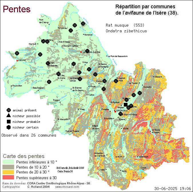 Carte de rpartition par communes en Isre d'une espce d'animal: Rat musqu (Ondatra zibethicus) selon Pentes