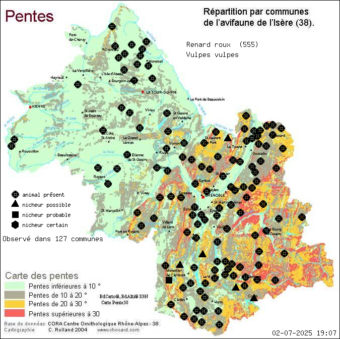 Carte de rpartition par communes en Isre d'une espce d'animal: Renard roux (Vulpes vulpes) selon Pentes