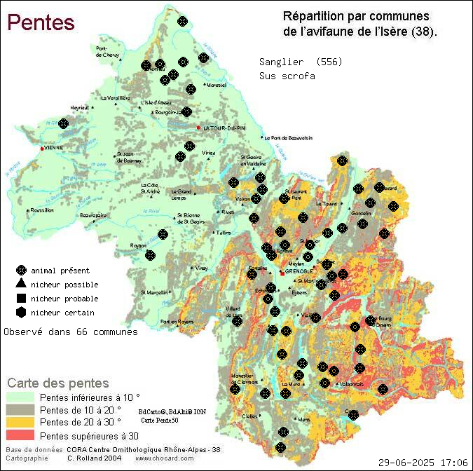 Carte de rpartition par communes en Isre d'une espce d'animal: Sanglier (Sus scrofa) selon Pentes