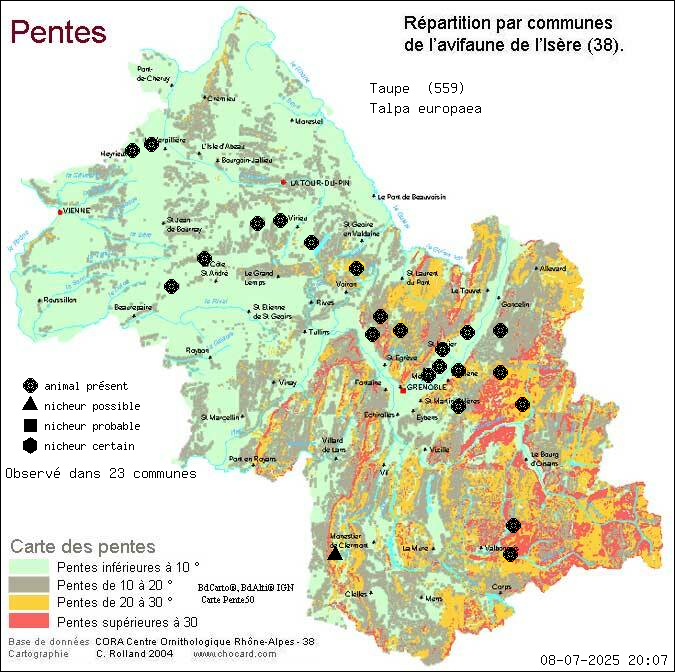 Taupe (Talpa europaea): carte de rpartition en Isre