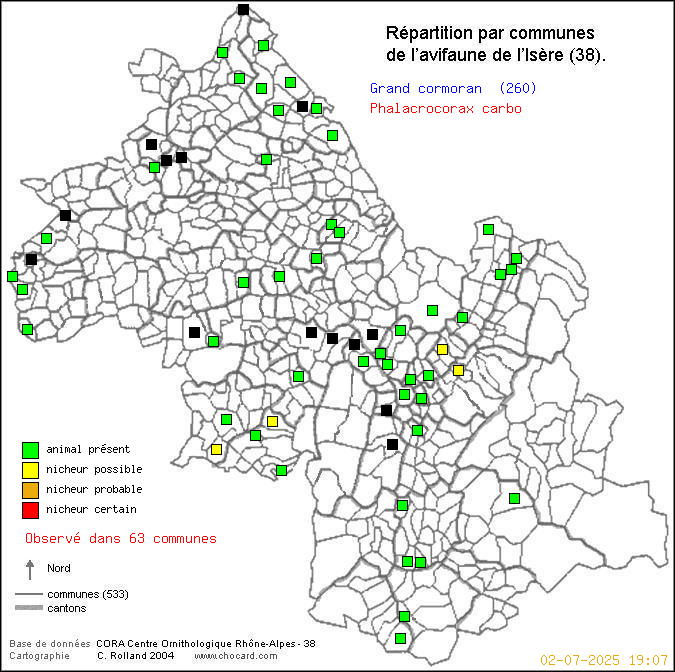 Carte de rpartition par communes en Isre d'une espce d'oiseau: Grand cormoran (Phalacrocorax carbo) selon Communes et cantons