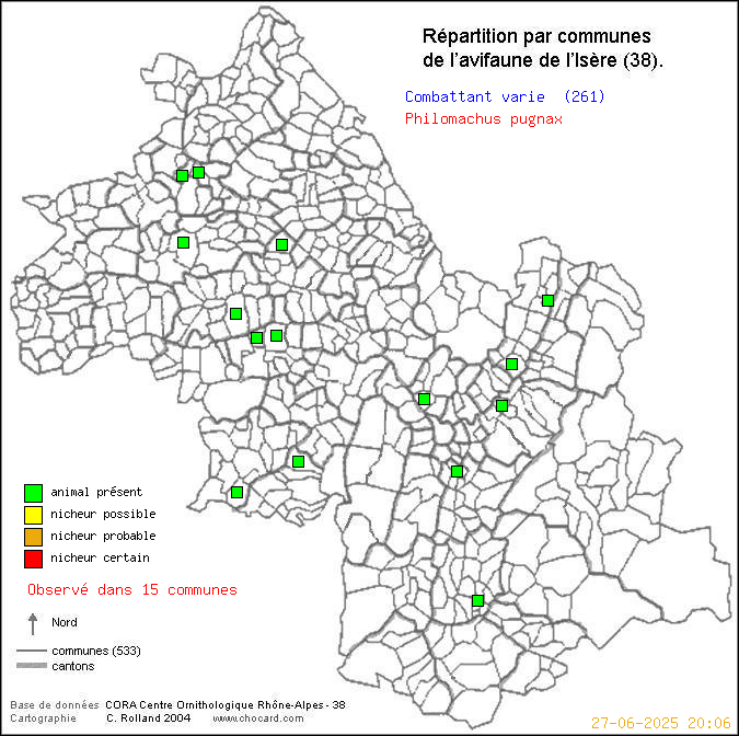 Carte de rpartition par communes en Isre d'une espce d'oiseau: Combattant vari (Philomachus pugnax) selon Communes et cantons