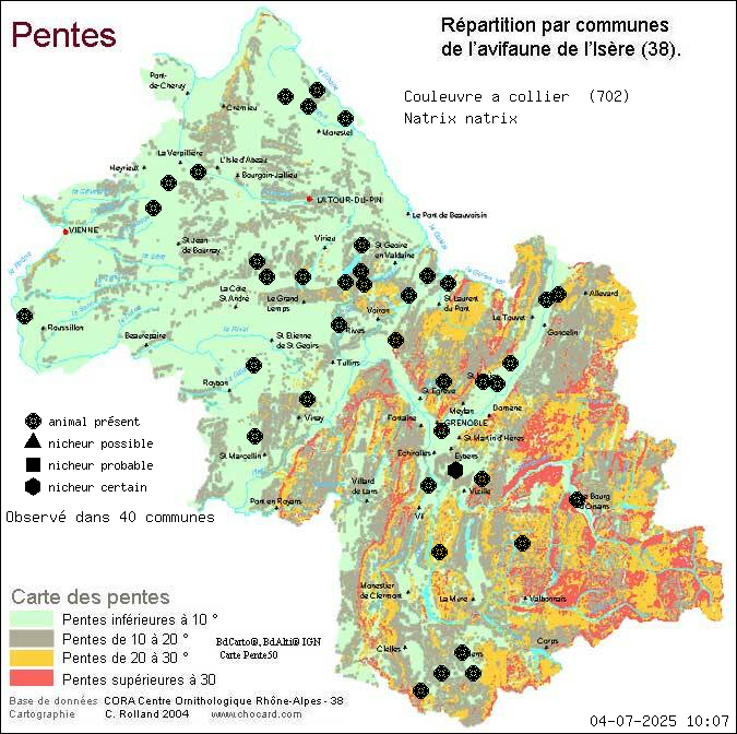 Carte de rpartition par communes en Isre d'une espce d'animal: Couleuvre  collier (Natrix natrix) selon Pentes
