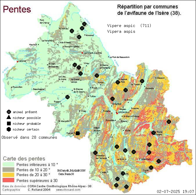 Carte de rpartition par communes en Isre d'une espce d'animal: Vipre aspic (Vipera aspis) selon Pentes