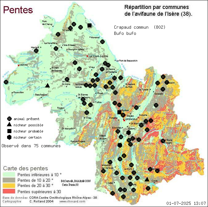 Crapaud commun (Bufo bufo): carte de rpartition en Isre