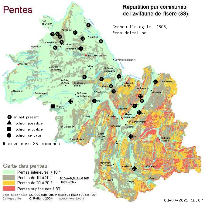 Carte de rpartition par communes en Isre d'une espce d'animal: Grenouille agile (Rana dalmatina) selon Pentes