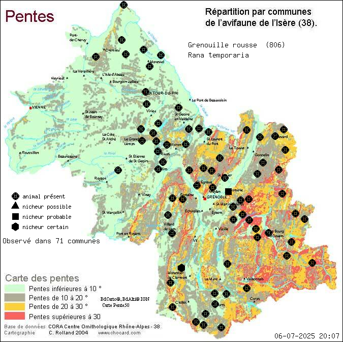 Carte de rpartition par communes en Isre d'une espce d'animal: Grenouille rousse (Rana temporaria) selon Pentes