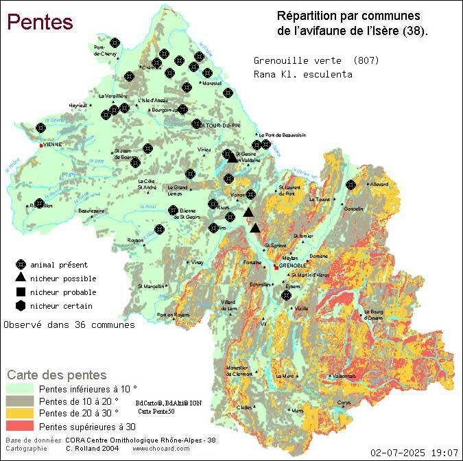 Carte de rpartition par communes en Isre d'une espce d'animal: Grenouille verte (Rana Kl. esculenta) selon Pentes