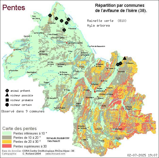 Carte de rpartition par communes en Isre d'une espce d'animal: Rainette verte (Hyla arborea) selon Pentes