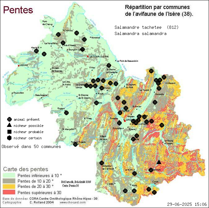 Carte de rpartition par communes en Isre d'une espce d'animal: Salamandre tachete (Salamandra salamandra) selon Pentes