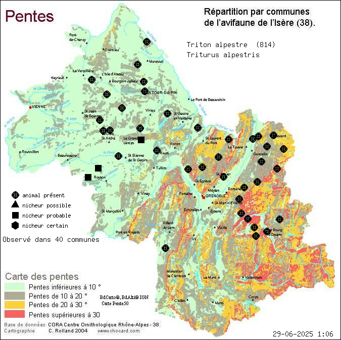 Carte de rpartition par communes en Isre d'une espce d'animal: Triton alpestre (Triturus alpestris) selon Pentes