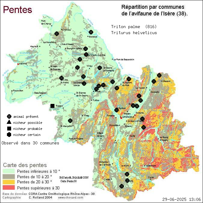 Carte de rpartition par communes en Isre d'une espce d'animal: Triton palm (Triturus helveticus) selon Pentes