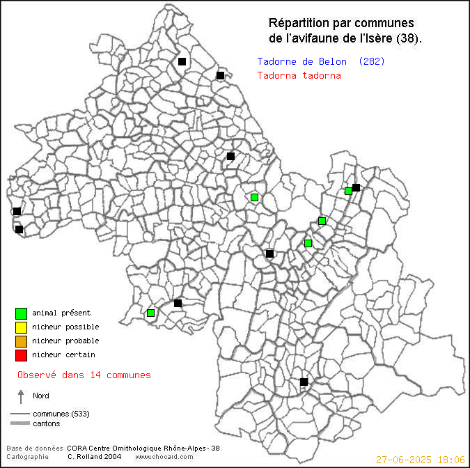 Tadorne de Belon (Tadorna tadorna): carte de rpartition en Isre