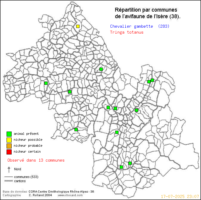 Carte de rpartition par communes en Isre d'une espce d'oiseau: Chevalier gambette (Tringa totanus) selon Communes et cantons