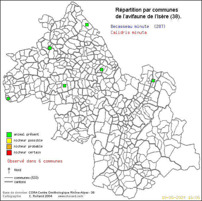 Carte de rpartition par communes en Isre d'une espce d'oiseau: Bcasseau minute (Calidris minuta) selon Communes et cantons