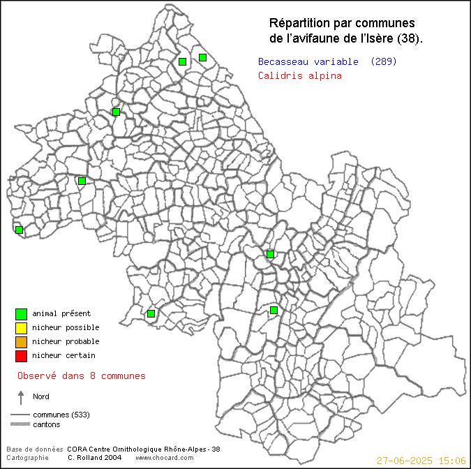 Carte de rpartition par communes en Isre d'une espce d'oiseau: Bcasseau variable (Calidris alpina) selon Communes et cantons