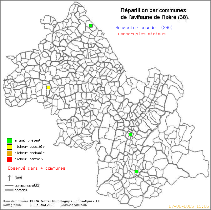 Carte de rpartition par communes en Isre d'une espce d'oiseau: Bcassine sourde (Lymnocryptes minimus) selon Communes et cantons