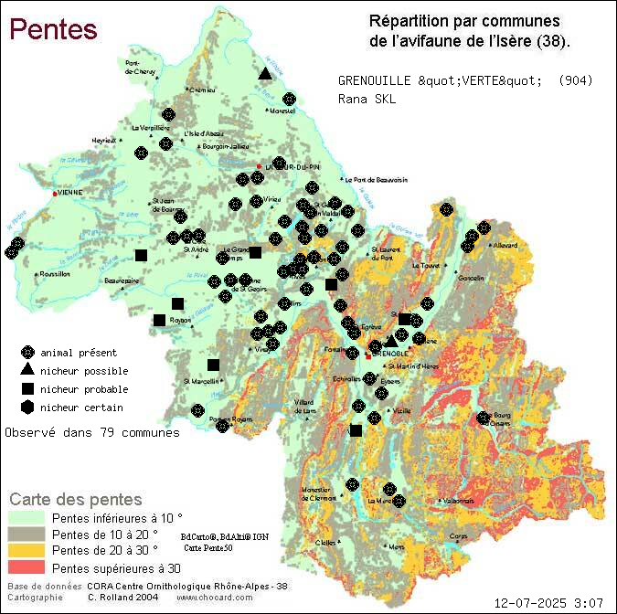 Carte de rpartition par communes en Isre d'une espce d'animal: GRENOUILLE "VERTE" (Rana SKL) selon Pentes