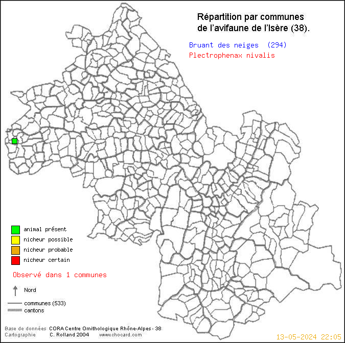 Carte de rpartition par communes en Isre d'une espce d'oiseau: Bruant des neiges (Plectrophenax nivalis) selon Communes et cantons