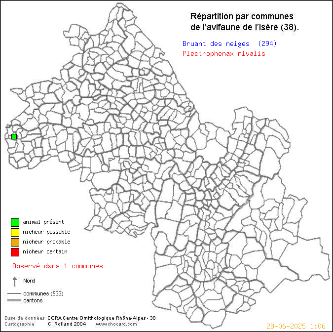 Carte de rpartition par communes en Isre d'une espce d'oiseau: Bruant des neiges (Plectrophenax nivalis) selon Communes et cantons