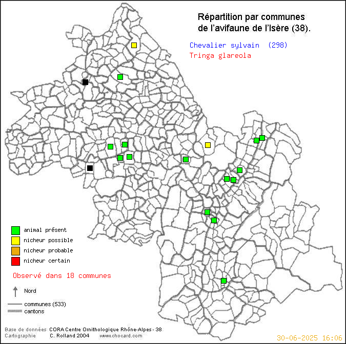 Carte de rpartition par communes en Isre d'une espce d'oiseau: Chevalier sylvain (Tringa glareola) selon Communes et cantons