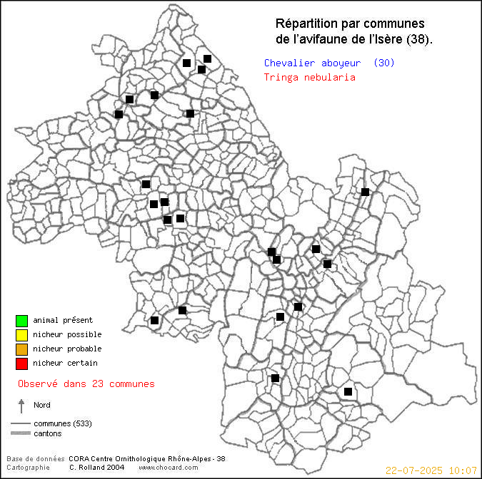 Carte de rpartition par communes en Isre d'une espce d'oiseau: Chevalier aboyeur (Tringa nebularia) selon Communes et cantons