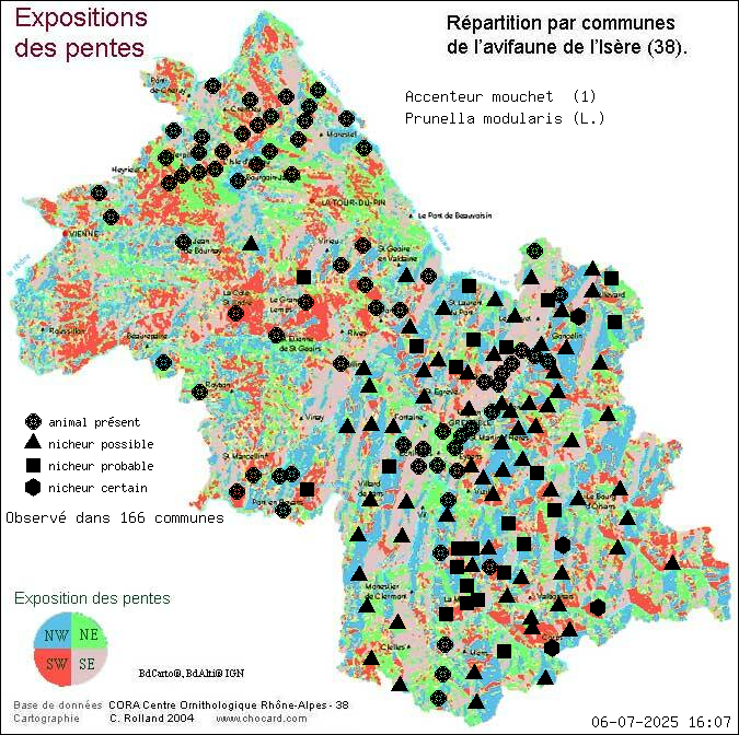 Carte de rpartition par communes en Isre d'une espce d'animal: Accenteur mouchet (Prunella modularis (L.)) selon Expositions