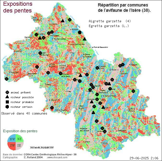 Carte de rpartition par communes en Isre d'une espce d'animal: Aigrette garzette (Egretta garzetta (L.)) selon Expositions