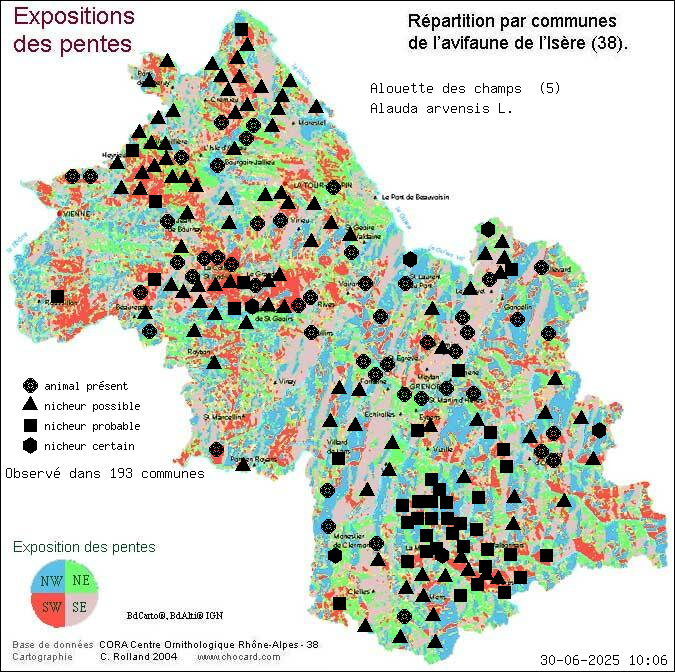 Carte de rpartition par communes en Isre d'une espce d'animal: Alouette des champs (Alauda arvensis L.) selon Expositions