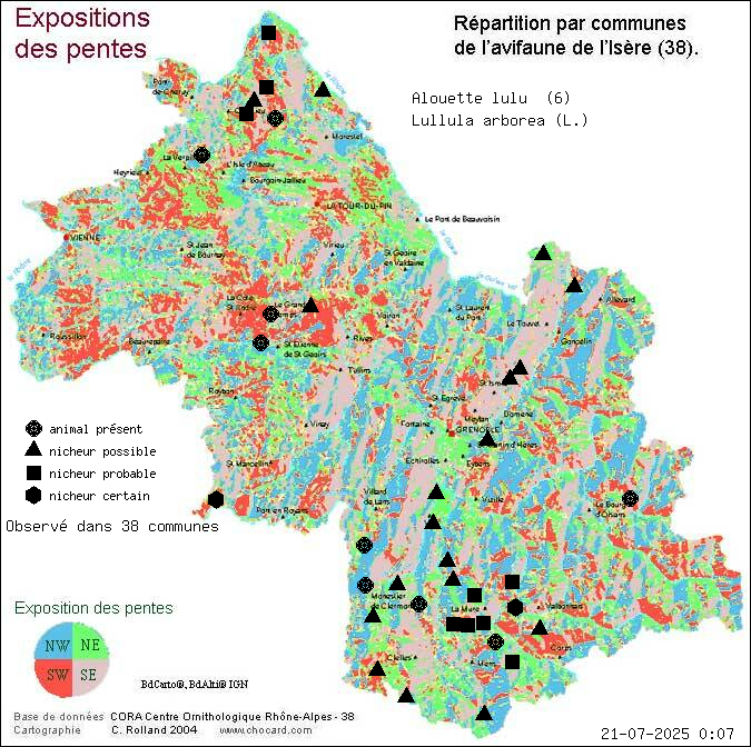 Carte de rpartition par communes en Isre d'une espce d'animal: Alouette lulu (Lullula arborea (L.)) selon Expositions