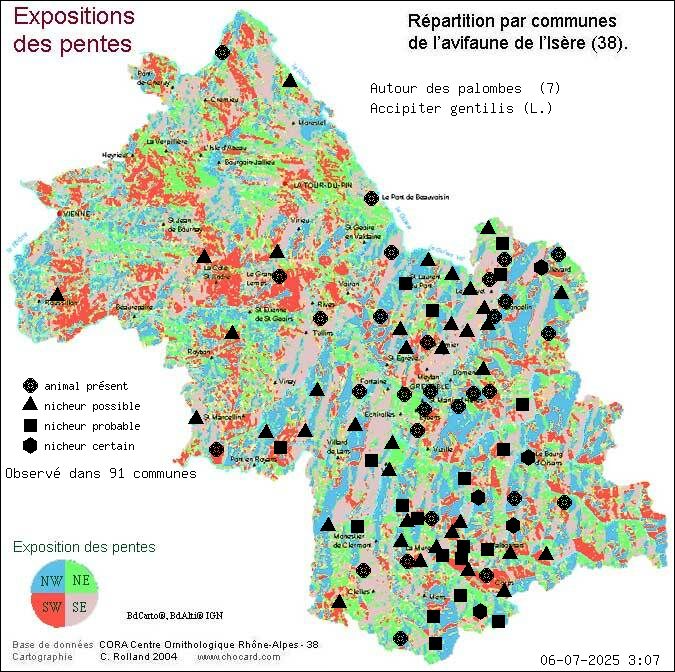 Carte de rpartition par communes en Isre d'une espce d'animal: Autour des palombes (Accipiter gentilis (L.)) selon Expositions