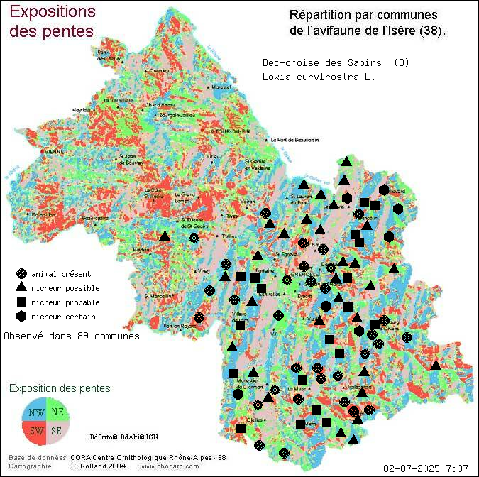 Carte de rpartition par communes en Isre d'une espce d'animal: Bec-crois des Sapins (Loxia curvirostra L.) selon Expositions