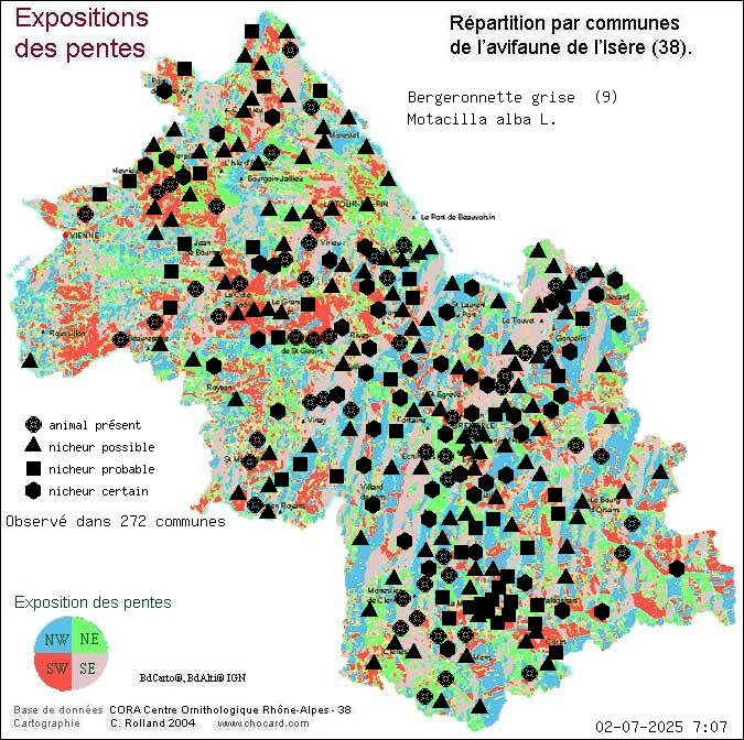 Carte de rpartition par communes en Isre d'une espce d'animal: Bergeronnette grise (Motacilla alba L.) selon Expositions